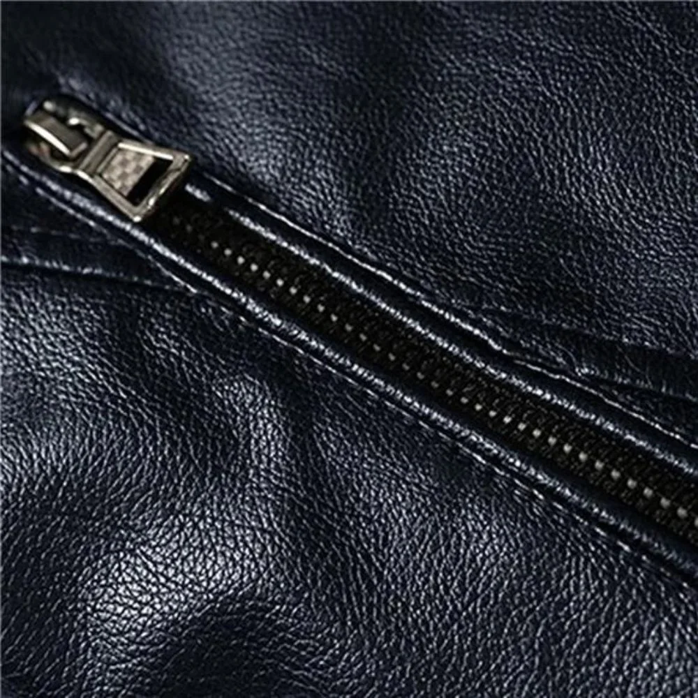 Dark Blue Faux Leather Military Jacket‎ Slim Fit Moto Biker Bomber Jacket Coat - Picture 3 of 6